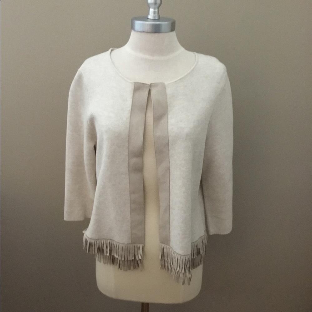 Chico’s Cream/Tan Cardigan Sweater With Fringe